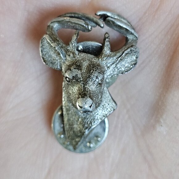 VTG Fine Pewter Whitetail Deer Hat Lapel Brooch Pin by GG Harris 80s 3D Buck - Picture 2 of 9